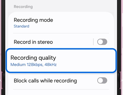 Voice Recorder settings screen with the Recording quality option highlighted.