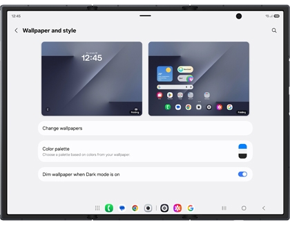Wallpaper and style settings on an unfolded Galaxy Z TriFold main screen showing lock screen and home screen previews with a Color palette switch enabled.