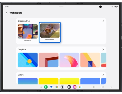 Wallpapers settings on the Galaxy Z TriFold main screen with Photo ambient highlighted in a blue box.