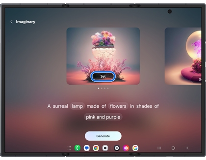 Imaginary wallpaper interface on an unfolded Galaxy Z TriFold main screen with Set highlighted in a blue box.