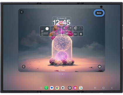 Wallpaper preview on an unfolded Galaxy Z TriFold main screen with Done highlighted in a blue circle.