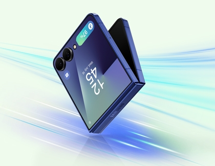Galaxy Z Flip7 showing the time and battery level on the FlexWindow screen with a soft blue and green gradient background.