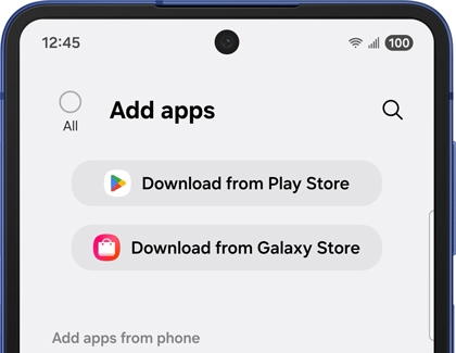 Add apps screen showing options to download from Play Store or Galaxy Store on a Galaxy phone