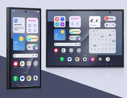 A Galaxy Z TriFold shown in both its folded cover screen and unfolded main screen states with various apps and widgets filling the home screens.