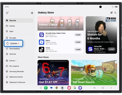 A Galaxy Z TriFold showing the Galaxy Store menu with the Updates option highlighted by a blue rounded box.