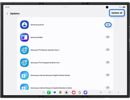 A Galaxy Z TriFold showing the Updates screen with the Update all button and an individual update icon highlighted by blue rounded boxes.