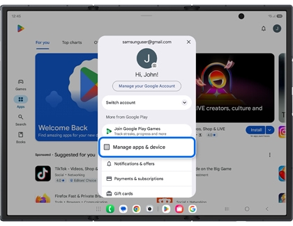 A Galaxy Z TriFold showing a Google account pop up with the Manage apps and device option highlighted by a blue rounded box.
