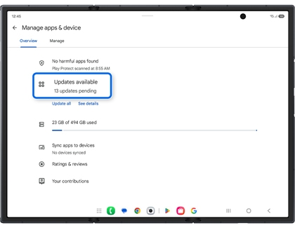 A Galaxy Z TriFold showing the Manage apps and device menu with the Updates available section highlighted by a blue rounded box.