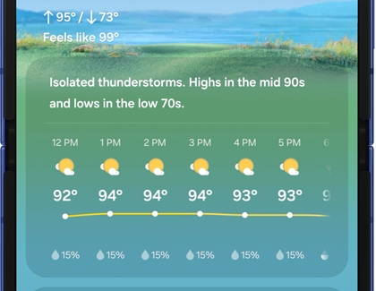Weather app on the Galaxy Z Flip7 displaying weekly forecast with rainfall predictions.