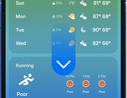 Cover screen of the Galaxy Z Flip7 showing the weather forecast near the ocean.