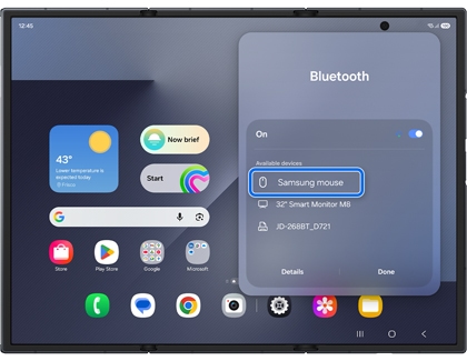 The Bluetooth pairing menu on an unfolded Galaxy Z TriFold with Samsung mouse highlighted in a blue box.