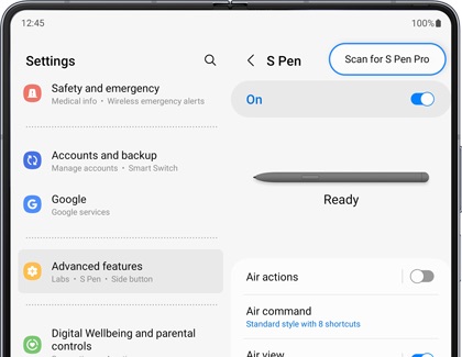 S Pen Settings menu on a Galaxy Z Fold5, showing how to scan for the S Pen