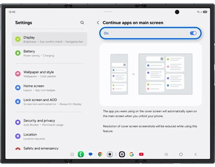 Display settings on the Galaxy Z TriFold with the Continue apps on main screen On switch highlighted in a blue box.