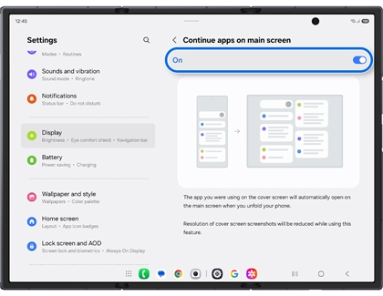 Display settings on the Galaxy Z TriFold with the On switch highlighted in a blue box under Continue apps on main screen.