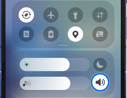 Quick panel on a Galaxy phone showing the volume icon highlighted to adjust sound settings.