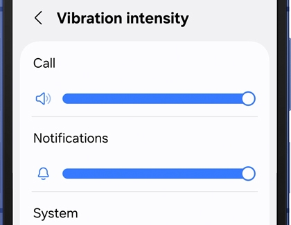 Sound settings screen on a Galaxy phone showing adjustable vibration intensity sliders for calls and notifications.