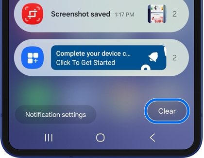 Galaxy phone displaying the notification panel with the Clear button highlighted to remove all notifications.