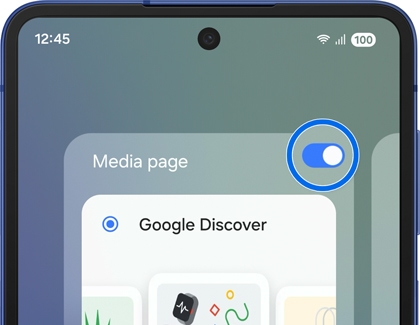Galaxy phone showing the Home screen settings with the toggle to enable or disable the Media page, featuring Google Discover.