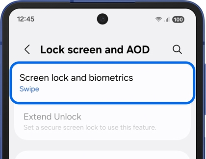 Galaxy phone displaying the Lock screen and AOD settings, with Screen lock and biometrics highlighted.