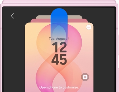 A cover screen preview showing wallpaper options with an Open phone to customize prompt.