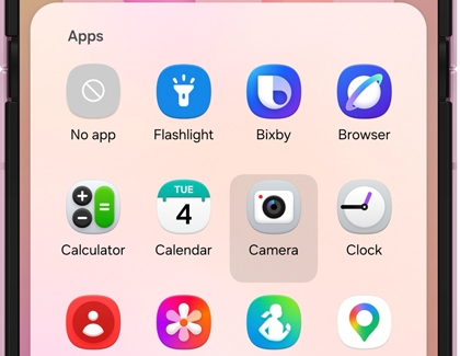 An app selection grid for cover screen shortcuts with the Camera app icon highlighted.