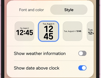 A clock style customization menu showing layout choices with one selected in blue.