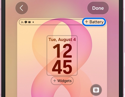 A cover screen edit view with plus Battery circled in blue in the top right.
