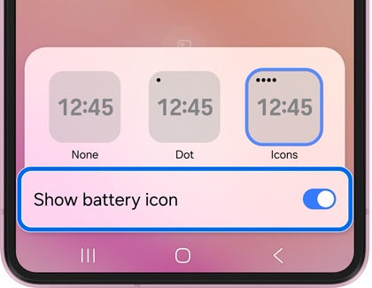 A cover screen settings menu with Show battery icon toggled on in blue.