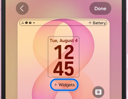 A cover screen edit view with plus Widgets circled in blue below the clock.