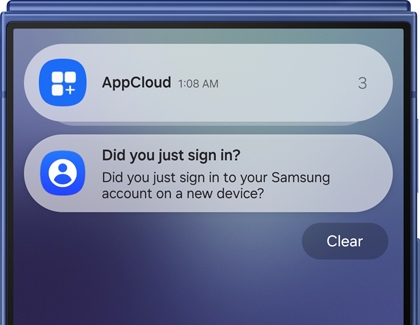 FlexWindow on a Galaxy Z Flip7 displaying notifications from AppCloud and Samsung account activity.