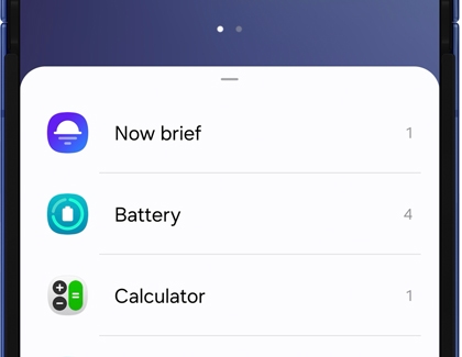 FlexWindow on a Galaxy Z Flip7 showing a list of widgets including Now brief, Battery, and Calculator.