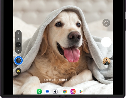 Galaxy Z Fold8 Ultra camera screen showing a dog under a blanket with a menu icon highlighted in blue.