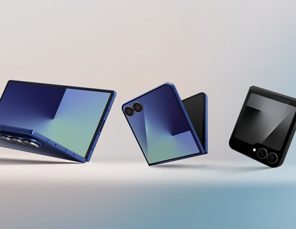 Galaxy Z Fold7, Z Flip7, and Flip7 FE in blue shown half-folded, partially open and fully folded.