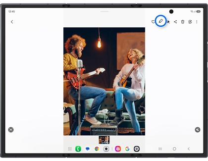 Photo editor on an unfolded Galaxy Z TriFold main screen with the Edit pencil icon highlighted in a blue circle.