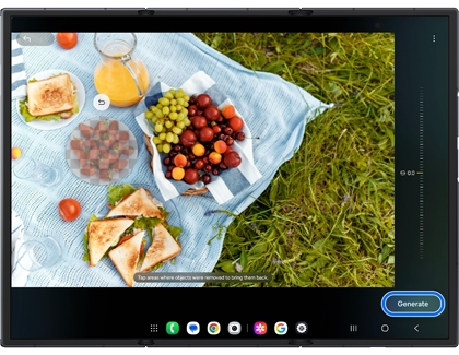 Unfolded Galaxy Z TriFold screen showing a picnic photo with a bowl of strawberries selected for removal and the Generate button highlighted.