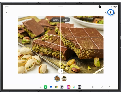 Unfolded Galaxy Z TriFold screen showing a before and after comparison of a remastered photo with a download icon highlighted.