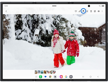 Photo editor on an unfolded Galaxy Z TriFold with the Galaxy AI icon highlighted in a blue circle.