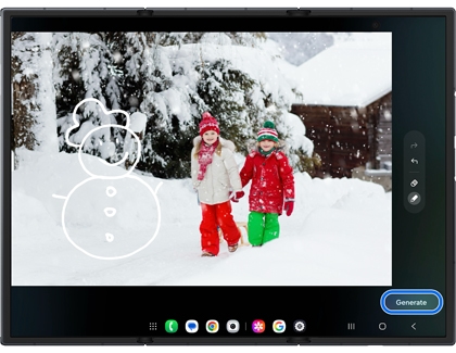 Unfolded Galaxy Z TriFold screen showing a hand-drawn snowman outline over a winter photo with the Generate button highlighted.