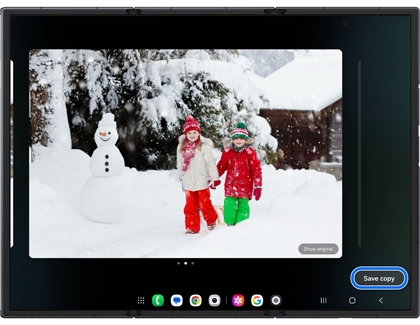 Unfolded Galaxy Z TriFold screen displaying a realistic AI-generated snowman with Save copy highlighted in a blue box.