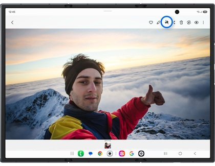 Photo editor on an unfolded Galaxy Z TriFold with the Galaxy AI icon highlighted in a blue circle.