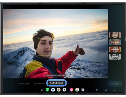 Photo editor on an unfolded Galaxy Z TriFold with a face selected and Portrait studio highlighted in a blue box.