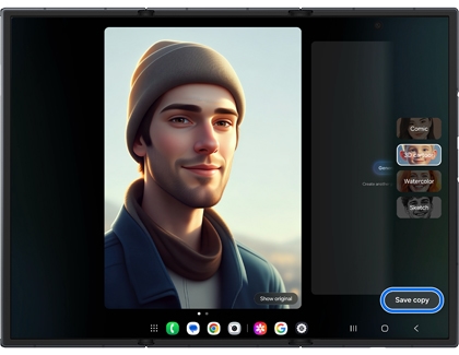 Unfolded Galaxy Z TriFold screen displaying a 3D cartoon version of a portrait with Save copy highlighted.