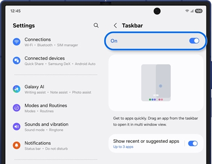 Taskbar settings screen open on the Galaxy Z Fold7 main display with the toggle switch set to On.