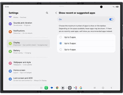 Show recent or suggested apps settings in the Taskbar setting on the Galaxy Z TriFold with Up to 3 apps selected in a blue highlighted list.