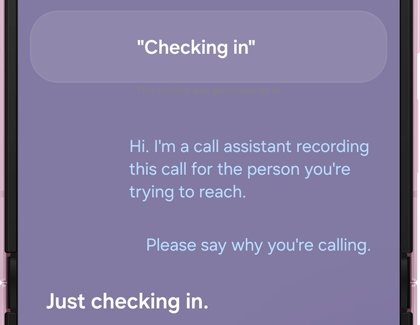Call screening screen showing a real-time transcript of a caller saying Just checking in.