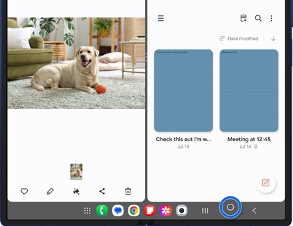 Split-screen view on a Galaxy Z Flip7 showing a photo app on the left and Samsung Notes on the right, with the navigation bar visible.