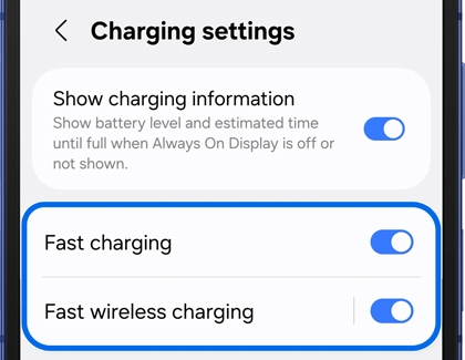 Charging settings screen on a Galaxy phone showing toggles for Fast charging and Fast wireless charging turned on.