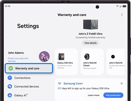 A Galaxy Z Fold screen displaying the Settings menu with Warranty and care highlighted.