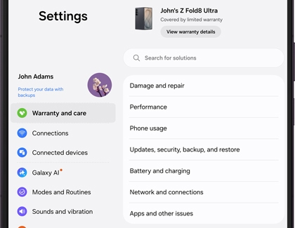 A Galaxy Z Fold screen showing the settings screen with Warranty and care option open and highlighted in gray.