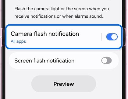 Galaxy device screen showing flash notification settings with Camera flash notification highlighted.